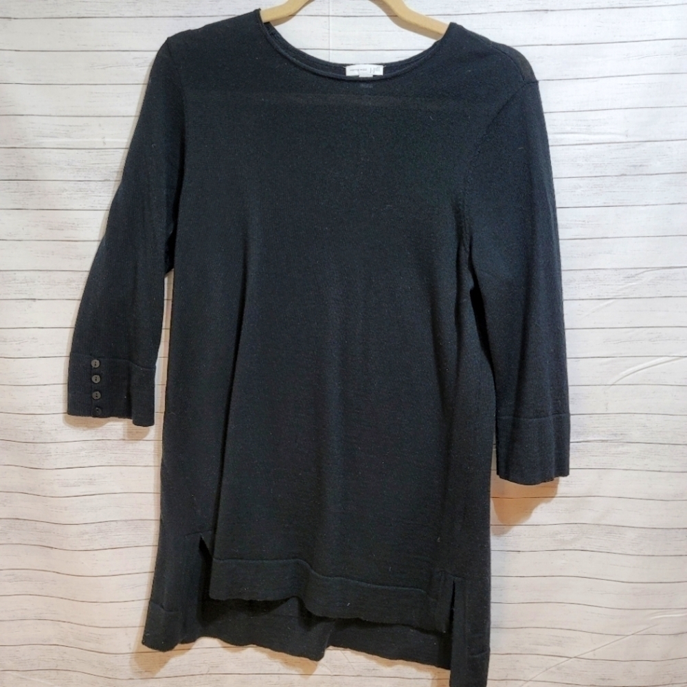 J.JILL 100% MERINO WOOL BLACK TUNIC SWEATER, 3/4 SLEEVES, W BUTTON DETAILS, sz M